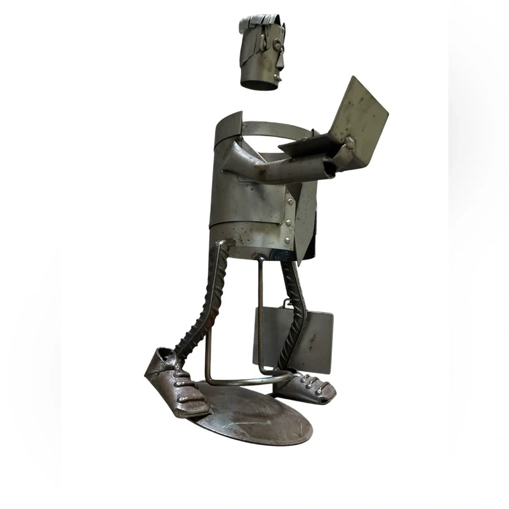 Businessman Wine Bottle Holder Metal Sculpture Laptop Technology Industrial ‘90s